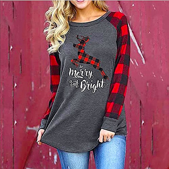 🎅🏽🆕 Merry and Bright Women’s Christmas Top Buffalo plus sleeves and rein… - Picture 2 of 4